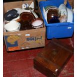 Two boxes of miscellaneous pottery, metalwares and glass to include a Victorian oak writing slope