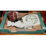A box of collectables including bust, box camera, wall clock etc.