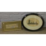 A gilt framed watercolour, river landscape signed indistinct, along with a framed sketch of the