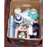 A box of mixed ceramics including blanc de chine ornaments, boxed Wedgwood, Limoges, Delft, Royal