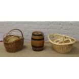 A novelty spirit decanter / storage vessel formed as a barrel, along with a quantity of wicker