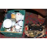 Two boxes of miscellaneous including Wedgwood, commemorative wares, ornaments, a set of cast iron