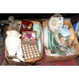 Two boxes of miscellaneous pottery, glass and ceramics, along with a collection of thimbles.