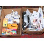 Two boxes of miscellaneous to include Masons Ringtons, Hamnett quartz wristwatch, costume pendant on