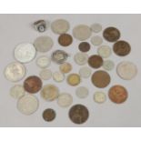 A box of copper, silver and commemorative coins etc.