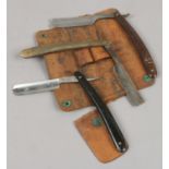 Three cut throat razors in leather case Lewis Barnascone Sheffield, Allen & Sons and George