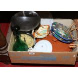 A box of miscellaneous to include chrome Salter kitchen scales, green glass decanter marble lazy