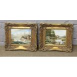 Two gilt framed oil on board, one depicting a continental winter landscape signed Rush, the other