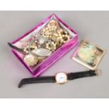 A small collection of costume jewellery ladies and gents wristwatches, brooches, pearls etc.