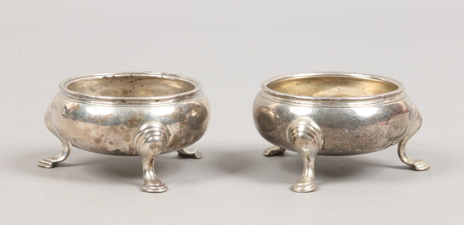 A pair of George III silver salts raised on stepped feet, assayed London 1776, total weight 120