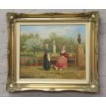 A large gilt framed oil on canvas depicting maidens in a country garden signed J. Perez.