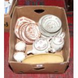 A box of Johnson's and Spode Copeland teawares in the Indian Tree style to include teapot, side