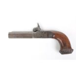 A 19th century box lock percussion cap pocket pistol. With damascened octagonal barrel, scroll