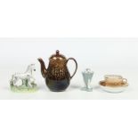 A Wedgwood treacle glazed hot water jug and cover with gilt decoration c.1830, a Victorian