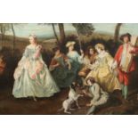 Manner of Jean Antoine Watteau, a large 19th century gilt framed oil on canvas. A gathering of