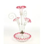A Victorian cranberry glass three flute epergne, 47cm. Condition report intended as a guide only.