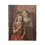 English school early 20th century, an unframed oil on canvas. Interior scene, portrait of two