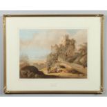 James Baynes (1766-1837) gilt framed watercolour. Titled view of Norham castle with figures at the