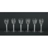 A set of six 18th century style wine glasses. Engraved to the bowls with Jacobite motifs and