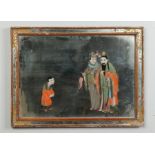 An early 19th century Chinese reverse painted mirror painted with three Mandarin figures, 39.5cm x