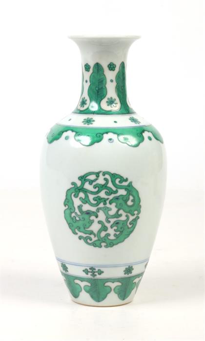 A small Chinese baluster shaped vase. Outlined in underglaze blue and painted in green enamel with - Image 2 of 4