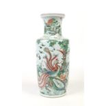 A large 19th century Chinese famille vert rouleau vase. Painted in coloured enamels with peacocks