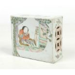 An early 19th century Chinese famille vert flower brick. Each main face painted with a maiden in