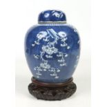 A 19th century Chinese blue and white ginger jar on hardwood plinth. Painted in underglaze blue with