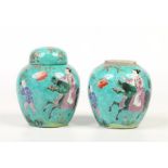 A pair of 19th century Chinese ginger jars and one cover. Both turquoise ground and enamelled each