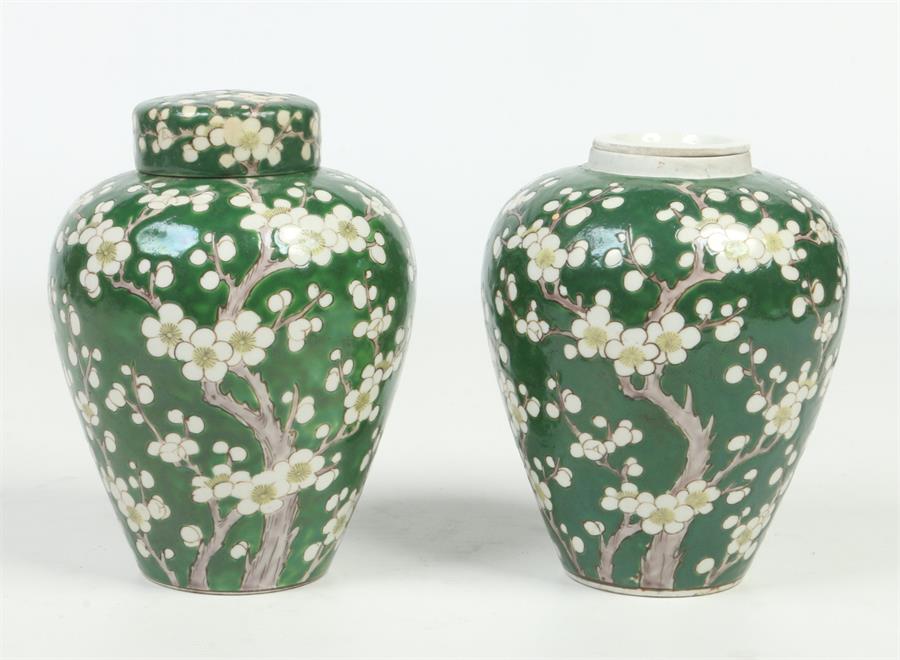 A pair of Japanese Meiji period scent jars with inner covers and one with a domed cover. Green