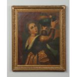 A 19th century Continental gilt framed oil on canvas. Portrait of a young maiden holding a bowl of