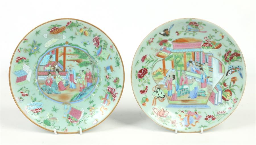 Two 19th century Cantonese celadon plates. Painted with grounds of flowers and precious objects, one