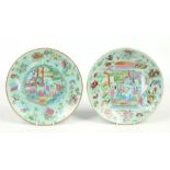 Two 19th century Cantonese celadon plates. Painted with grounds of flowers and precious objects, one