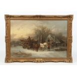 Alexis de Leeuw (Belgian fl. 1848-1883) gilt framed oil on canvas. Titled 'A Winter's Eve'.