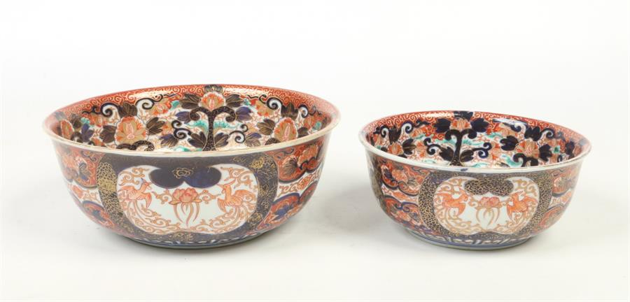 Two Japanese Meiji period Imari bowls. Decorated to the inside with a ground of stylized foliage and