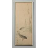 A Japanese Meiji period watercolour in later frame. Study of two carp, signed, 107cm x 47cm.