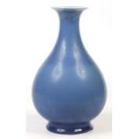 A Chinese 19th century pear formed bottle vase. Decorated in a thick blue glaze. Six character