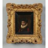 An early 19th century small Continental gilt framed oil on panel. Portrait of a 15th century