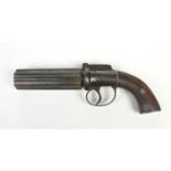 A single action six shot percussion cap pepperbox pistol. With fluted barrels bearing proof marks,