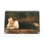 An early 20th century Dresden rectangular plaque. Painted with a maiden reading. Named verso