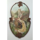 Follower of Edmund Blair Leighton, oil on carved walnut panel. Medieval ladies in castle gardens