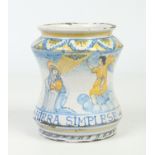 A 19th century Italian Maiolica drug jar of waisted form. Decorated in coloured enamels with a scene