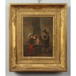 A 19th century Flemish small oil on canvas in cushion shaped gilt frame. Genre tavern interior