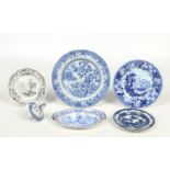 Six pieces of English 19th century transfer printed pottery. Spode Bird and Grasshopper plate c.