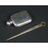 A silver hip flask by Hugh Crawshaw assayed Sheffield 1992 along with a cased silver paper knife