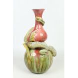 A large Burmantofts faience double gourd dragon vase. Applied with a scrolling Oriental dragon and a