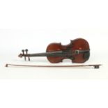 A 19th century violin and bow in case. No makers marks to either, 36cm