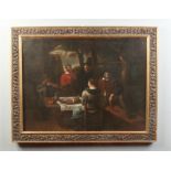 A 19th century gilt framed oil on canvas. Genre scene with pilgrims dining and with a figure playing