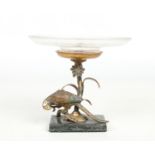 A cold painted bronze tazza formed as a macaw parrot with associated cut and etched glass dish