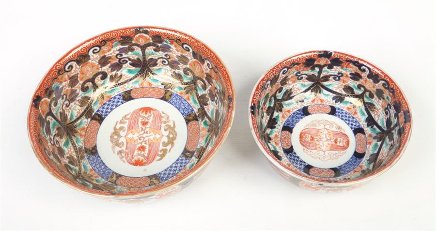 Two Japanese Meiji period Imari bowls. Decorated to the inside with a ground of stylized foliage and - Image 2 of 3